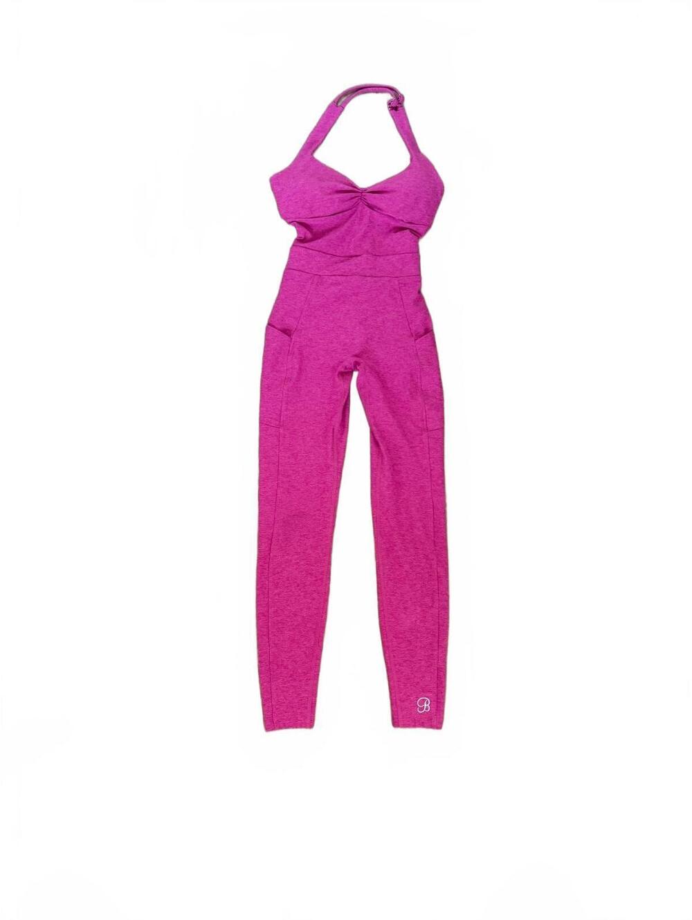 Bombshell Sportswear Pink Halter Neck One-Piece Jumpsuit with Pockets | Size XS